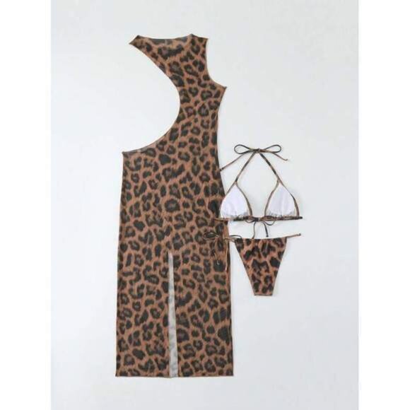 New SXY 2 Pcs 2025 Women Leopard Print Halter Tie Sexy Bikini Set With Cover-Up - Picture 2 of 7